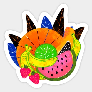 Pink Y2K Summer Aesthetic Wild Exotic Tropical Fruit Smoothie Maximalist Pattern With Mango, Papaya, Watermelon, Banana, Lime And Strawberry Sticker